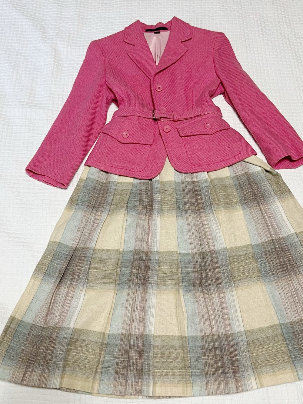 Bundle: Express Pink Wool Belted Blazer + Pleated Plaid Midi Skirt
